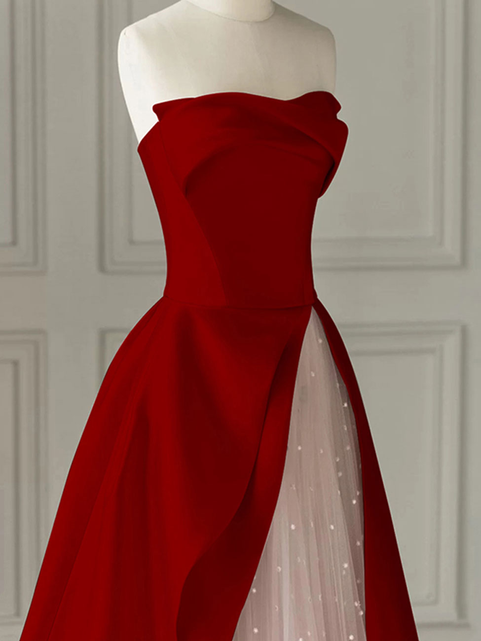 BURGUNDY SATIN ALINE SLEEVELESS LONG PROM DRESS