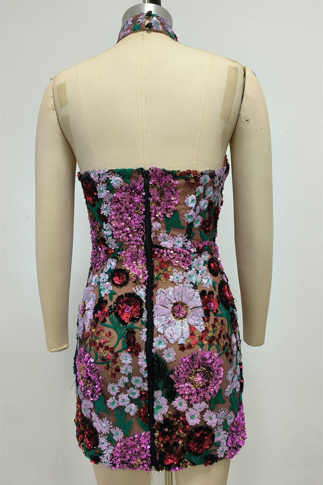 VIOLET OPEN-BACK EMBROIDERED MINI COCKTAIL DRESS