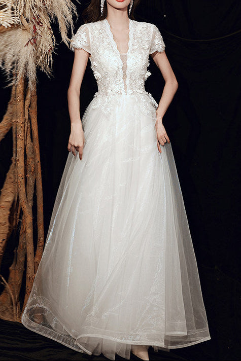 3D FLORAL LACE TULLE EVENING GOWN, FLOOR-LENGTH