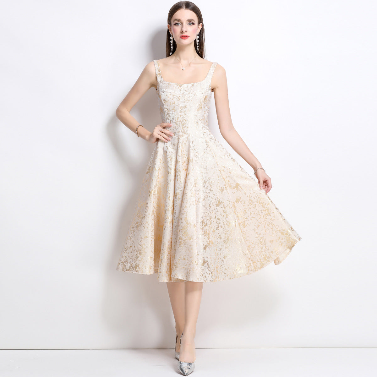 VANESSA A-LINE JACQUARD MIDI DRESS - APRICOT