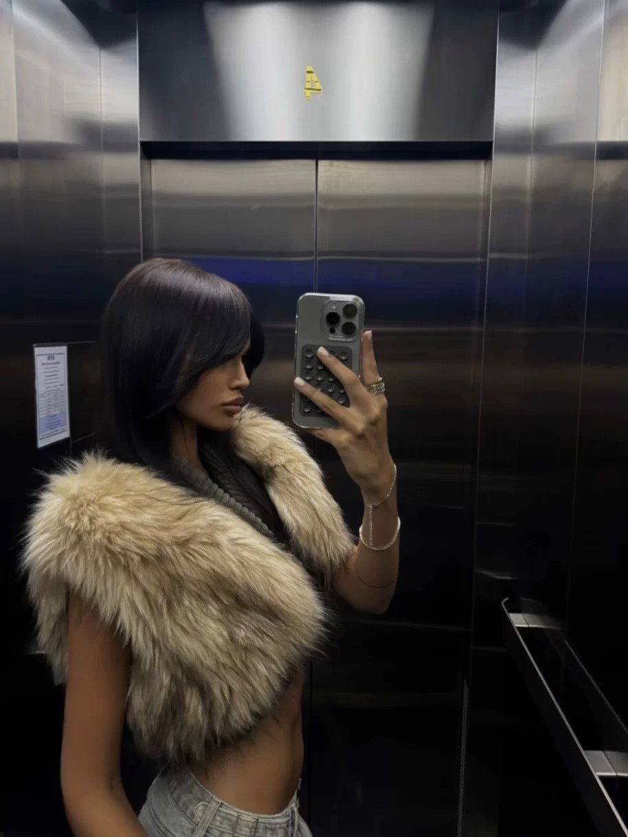 SLEEVELESS FUR PATCHWORK CROPPED JACKET FOR NIGHT OUT