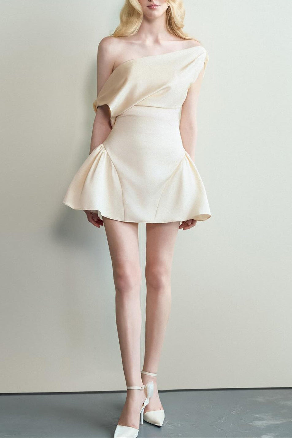 SATIN RUCHED MINI DRESS, CREAM WHITE COCKTAIL PARTY