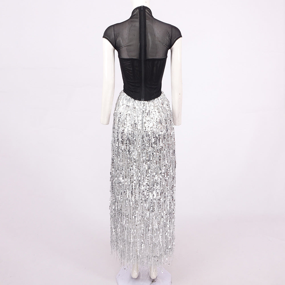 TASSEL SEQUIN BLACK CORSET MAXI DRESS