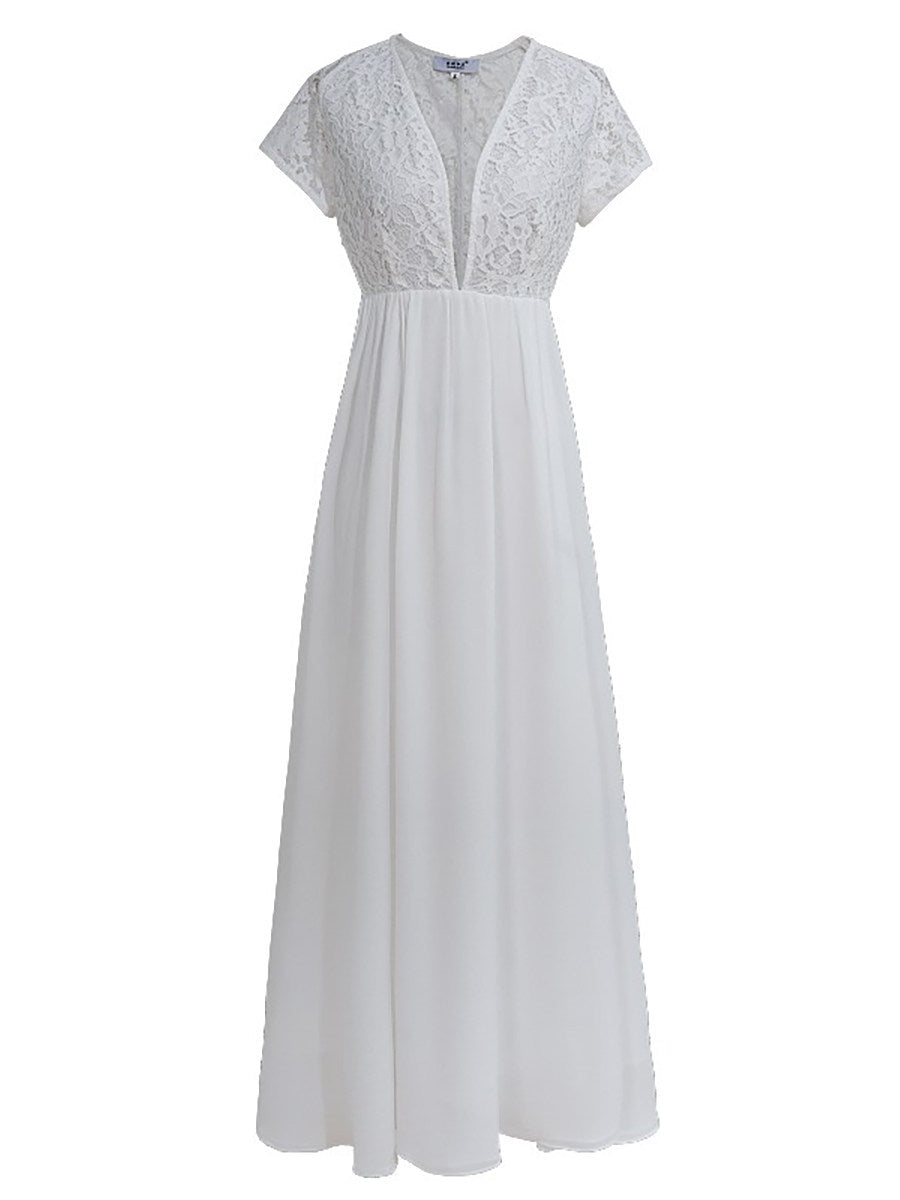 WHITE LACE V-NECK MAXI DRESS FOR WEDDING
