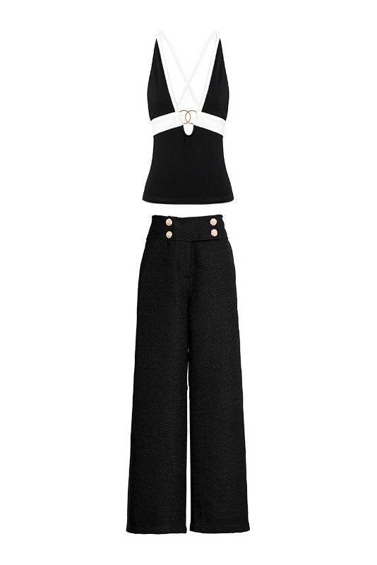 BLACK HALTER TOP & WIDE LEG PANTS SUIT