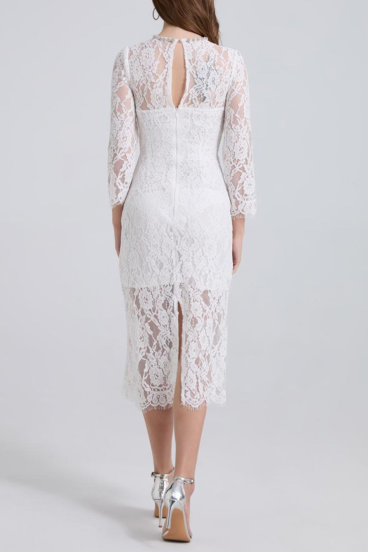 RHINESTONE LACE MIDI DRESS IN WHITE FOR WEDDING GUEST