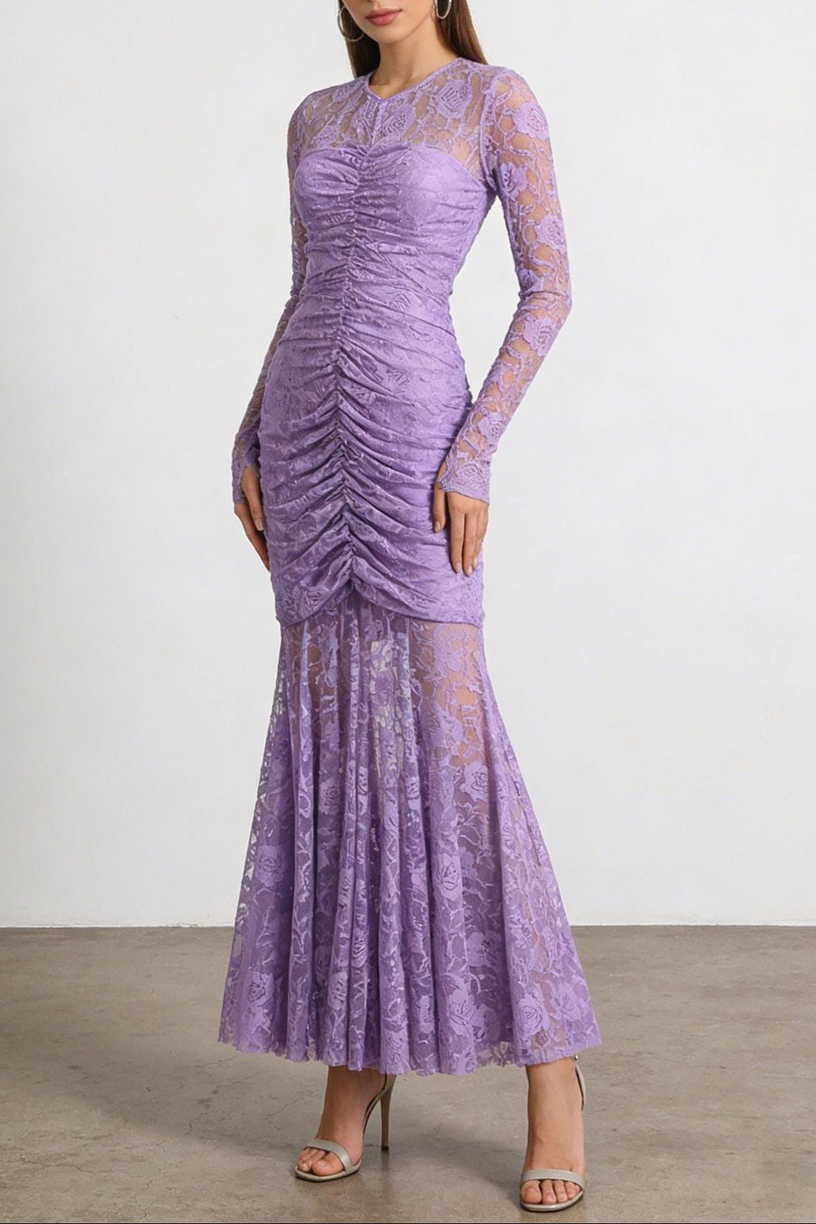 PENNY LACE RUCHED BODYCON MAXI DRESS IN PURPLE