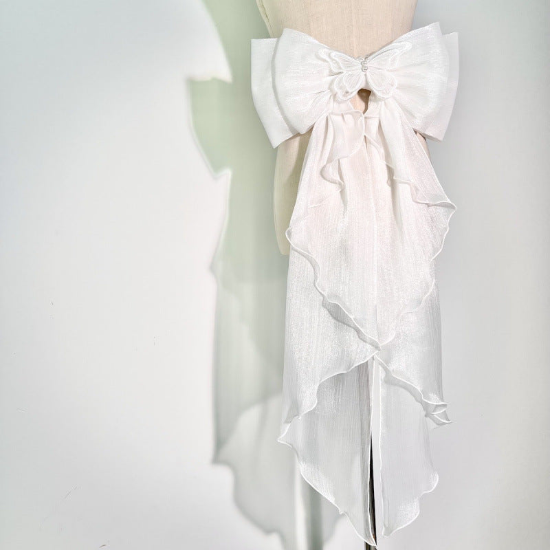 WHITE SHIMMER ORGANZA BOW BRIDAL WAIST SASH