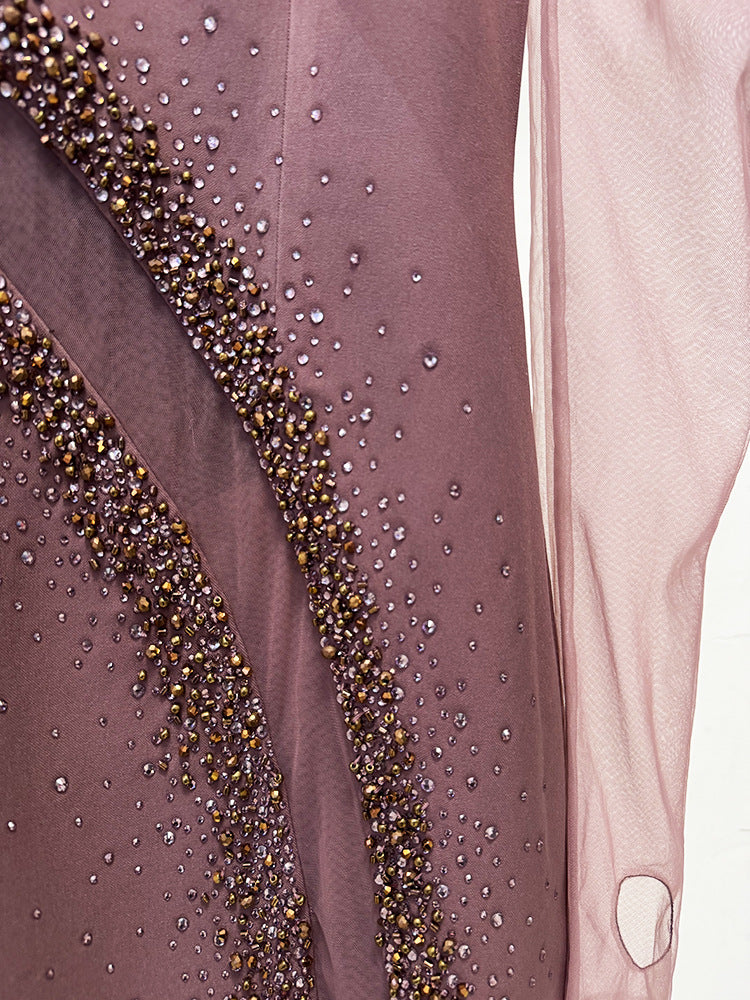 VIVIEN BROWN BEADED HIGH NECK MAXI DRESS, FORMAL