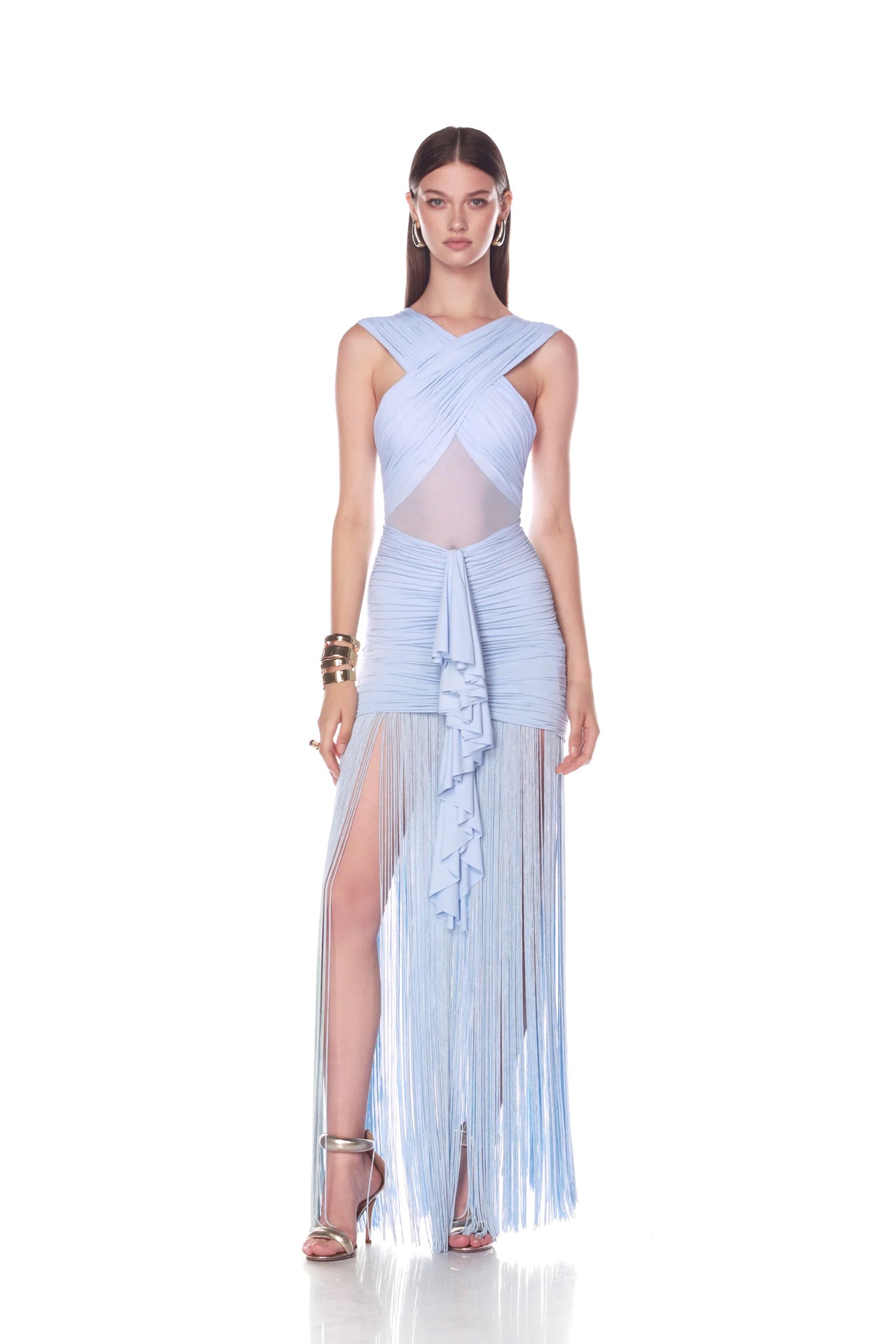 FRINGE MESH RUCHED MAXI DRESS, PARTY READY