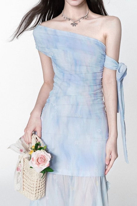 ROSALIND ONE-SHOULDER PLEATED BLUE MAXI DRESS