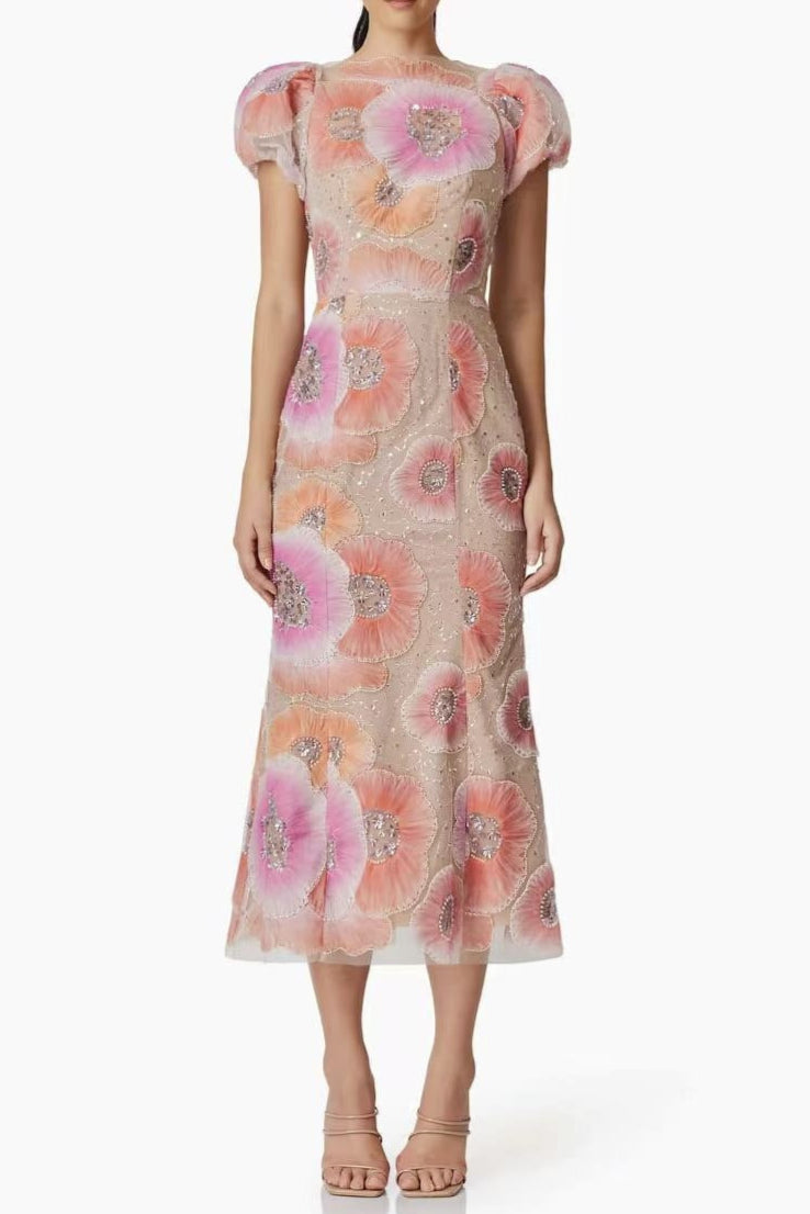 LYDIA PUFF SLEEVE FLORAL MIDI DRESS PINK