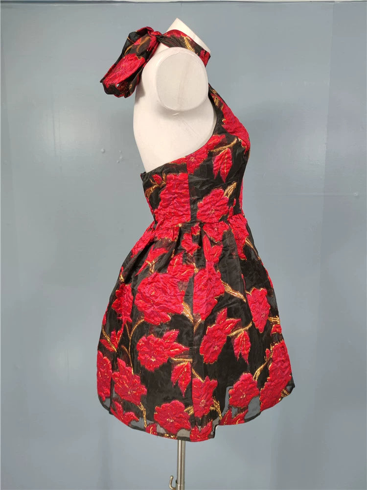 JACQUARD HALTER BACKLESS A-LINE MINI DRESS