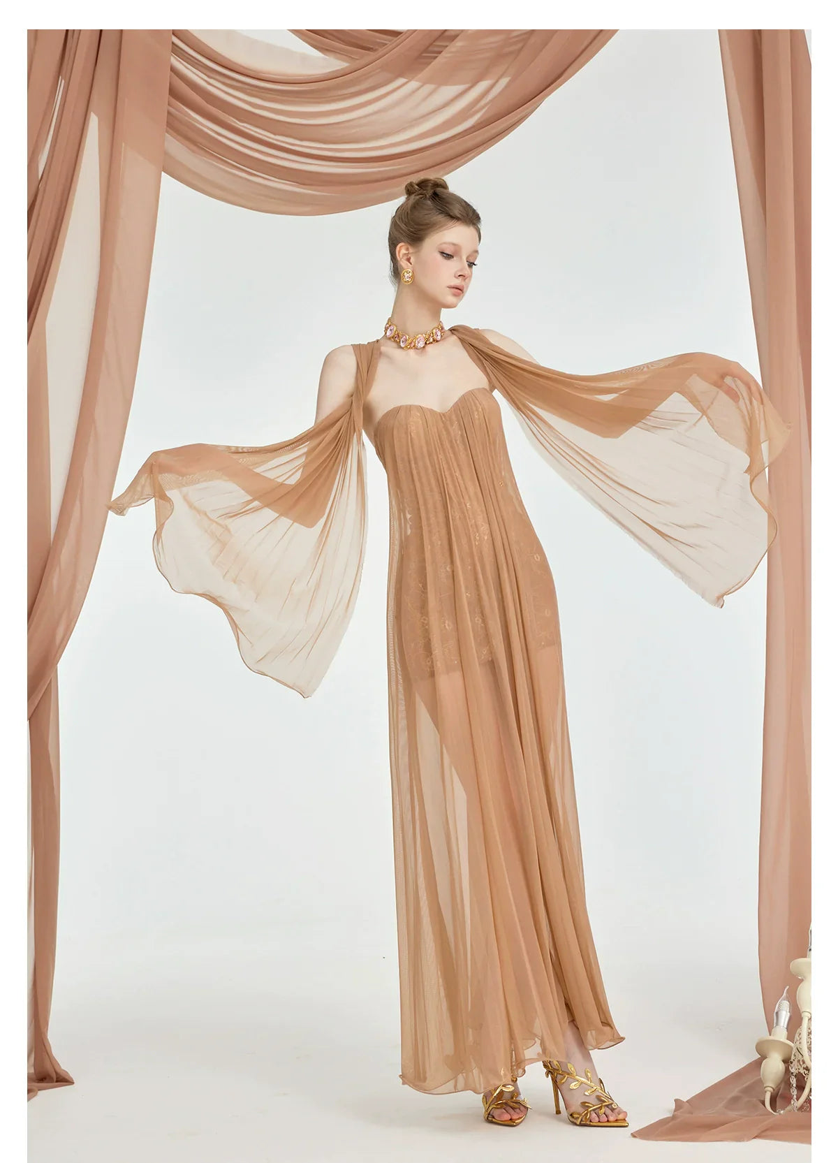 THEA STRAPLESS MESH BACKLESS BROWN MAXI DRESS
