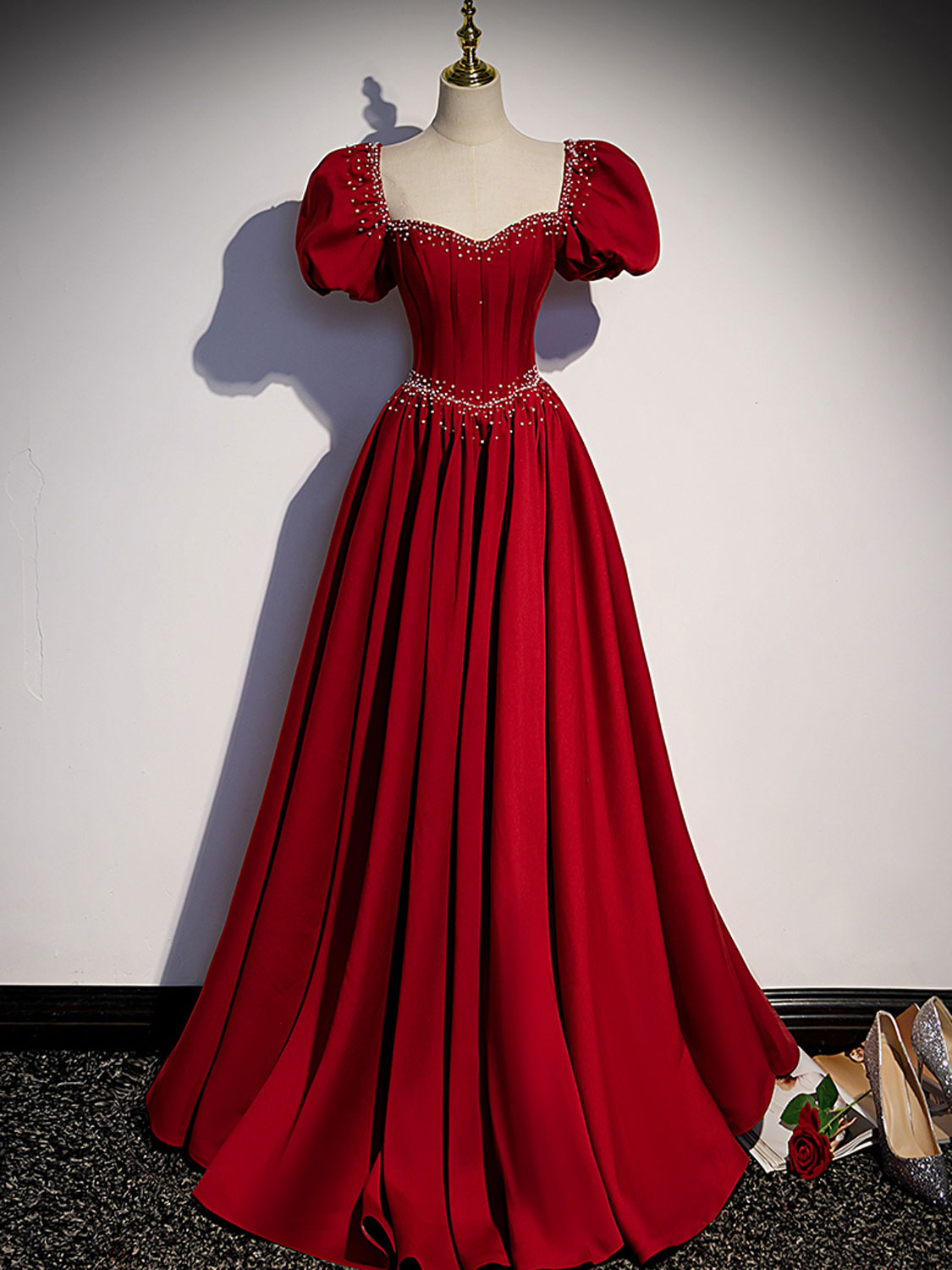 BURGUNDY SATIN A-LINE DRESS FOR EVENTS