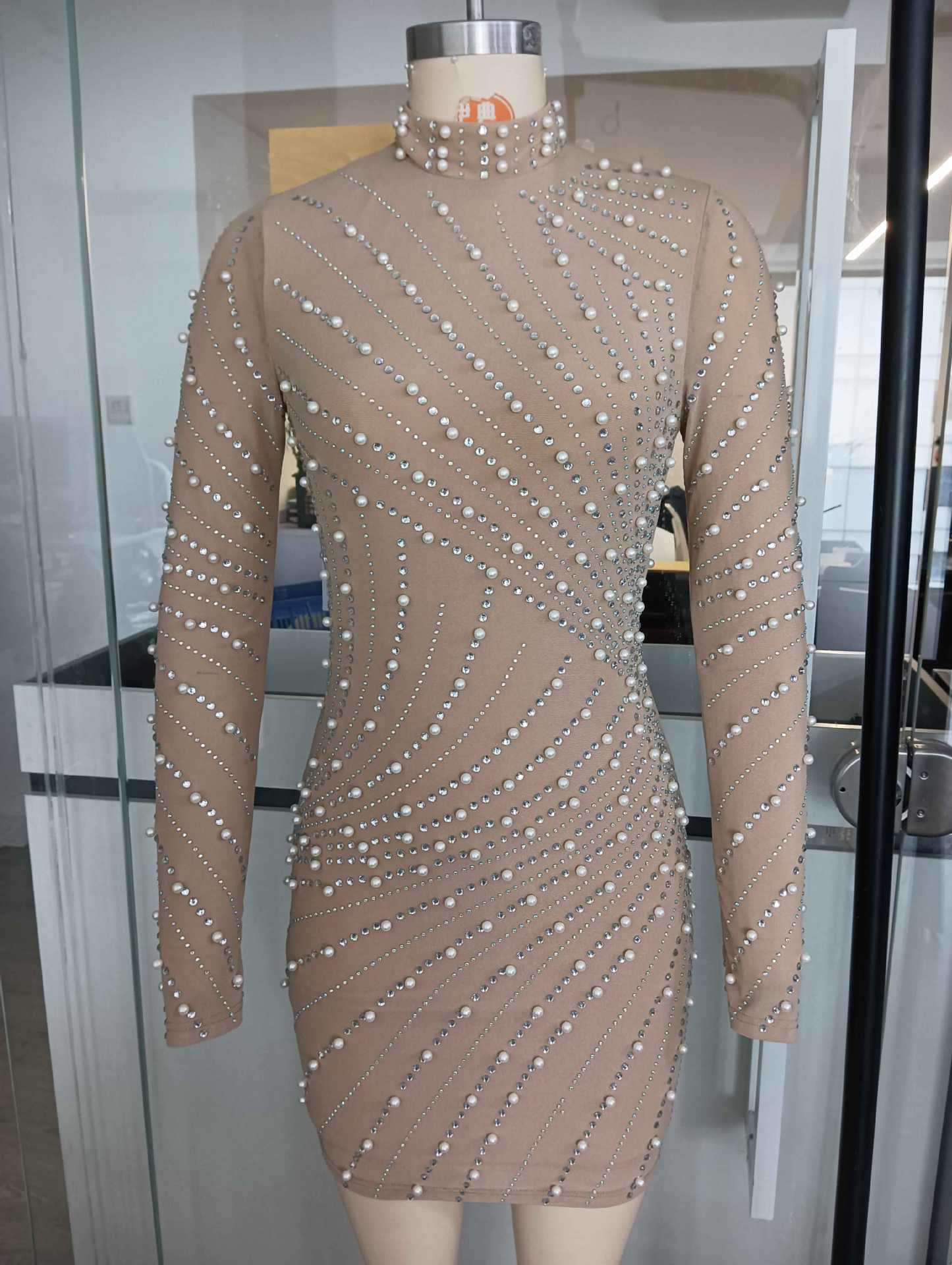 KHAKI RHINESTONE MESH PEARL HIP-WRAP MINI DRESS