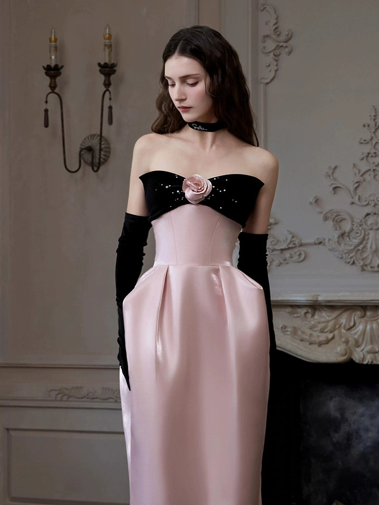 SATIN PINK FLOWER STRAPLESS MAXI PROM DRESS