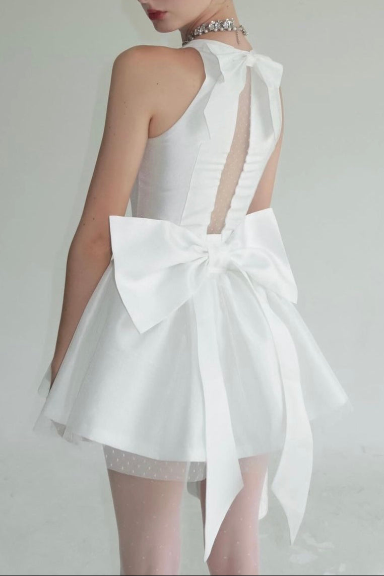 NORA OFF-SHOULDER LACE BOW MINI DRESS WHITE