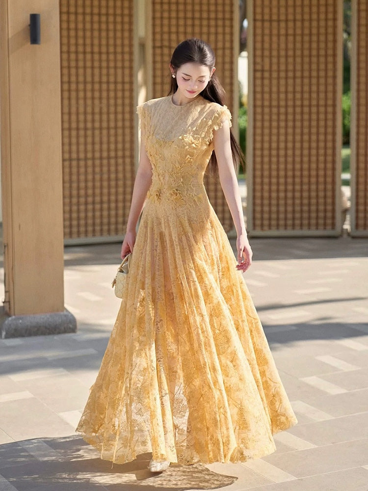 JENNIFER YELLOW LACE MAXI DRESS WITH FLOWER EMBELLISHMENTS