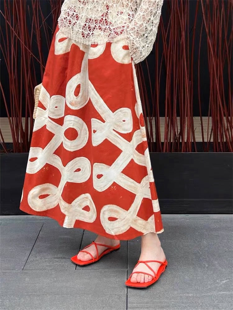 RED A-LINE PAINTED SKIRT FOR PARTIES