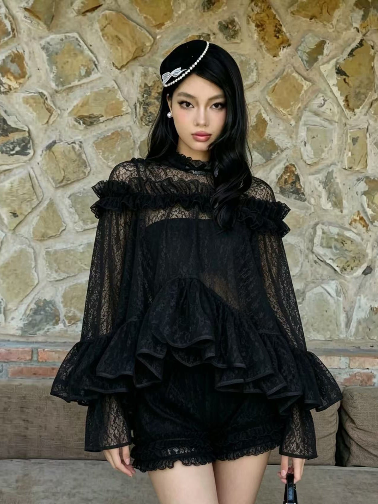 VANESSA BLACK LACE RUFFLED TOP & SHORTS SET