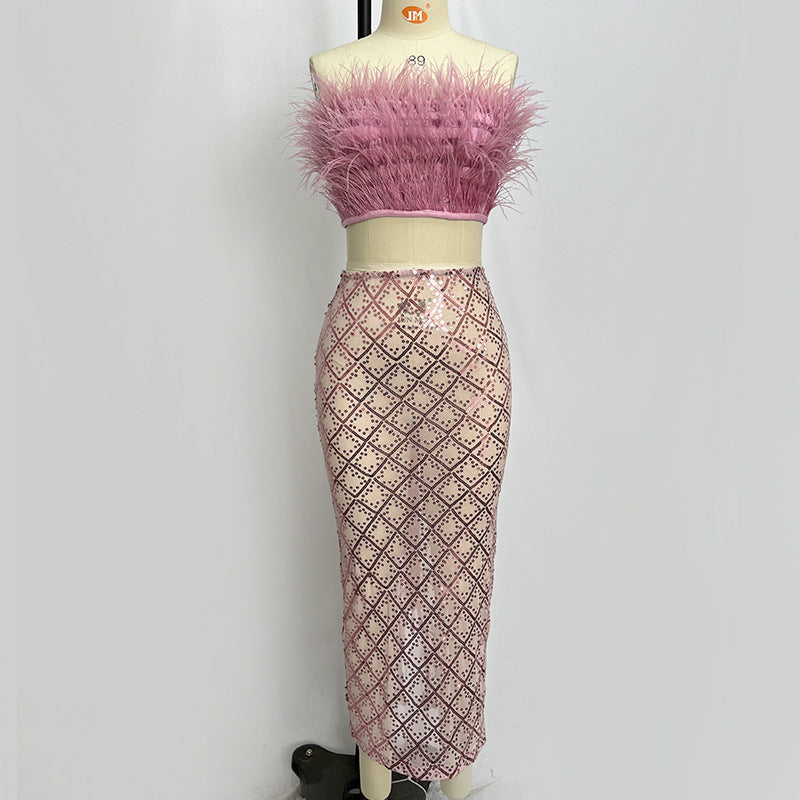 AUDREY PINK FEATHER TOP SEQUIN MIDI SKIRT SET