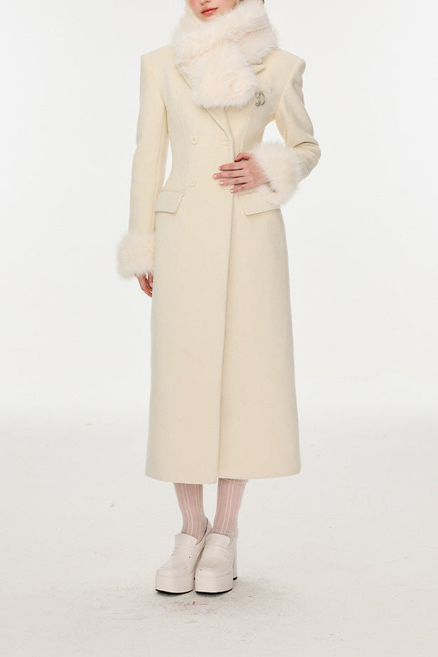 IVORY SLIM FAUX FUR COAT, MIDI WINTER OUTERWEAR