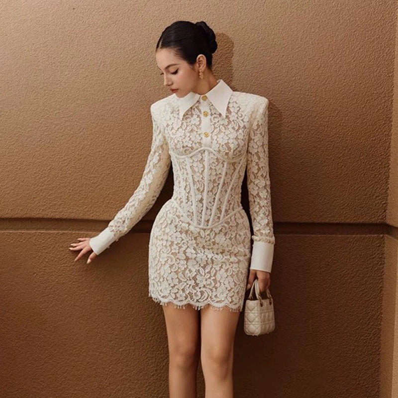 AALIYAH WHITE LACE BODYCON MINI DRESS, LONG SLEEVE