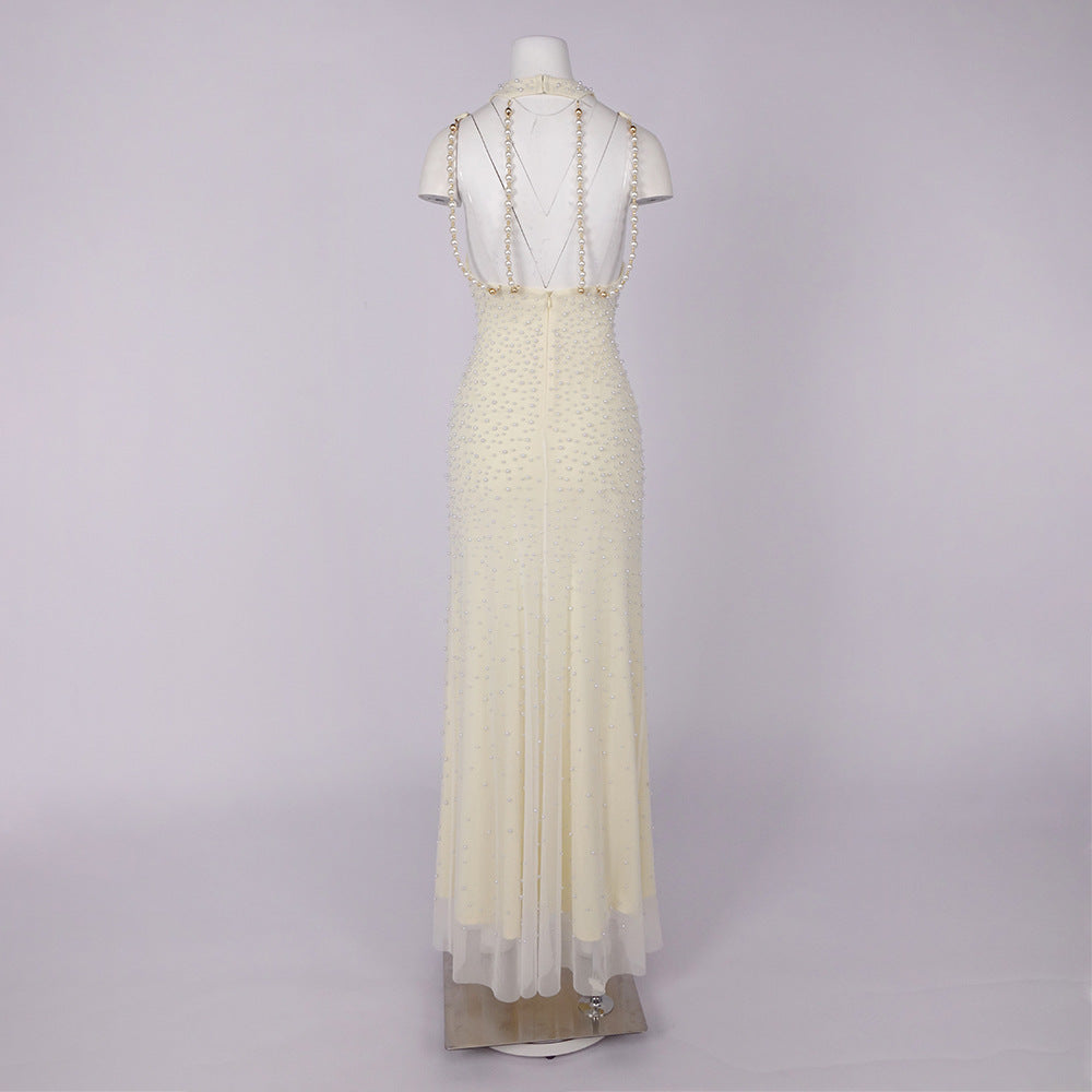 CRYSTAL PEARL TASSEL OFF-SHOULDER FISHTAIL MAXI DRESS FOR WEDDING