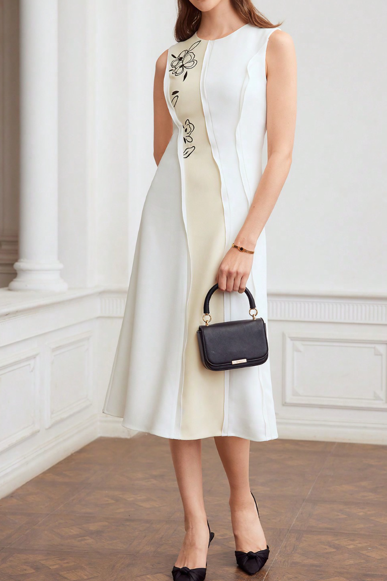 O1CN01Y3etkD1KPUzLVkr54__1049811156_85da1653-83f1-4732-b36d-b3b2b11881b7 WHITE BEIGE COLOR-BLOCK FLORAL EMBROIDERED SLEEVELESS MIDI DRESS