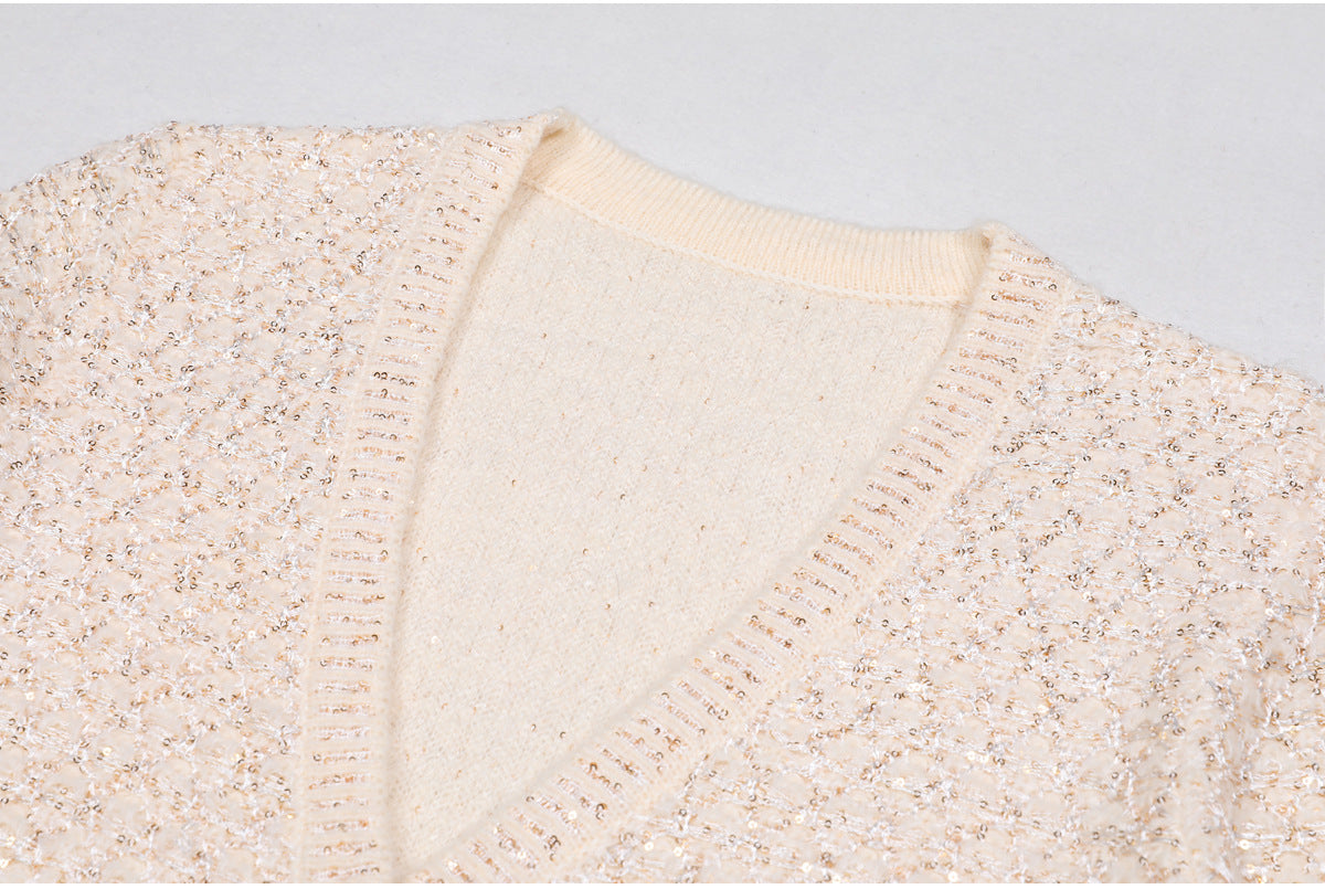 BEIGE SEQUIN V-NECK CARDIGAN FOR EVENING PARTY