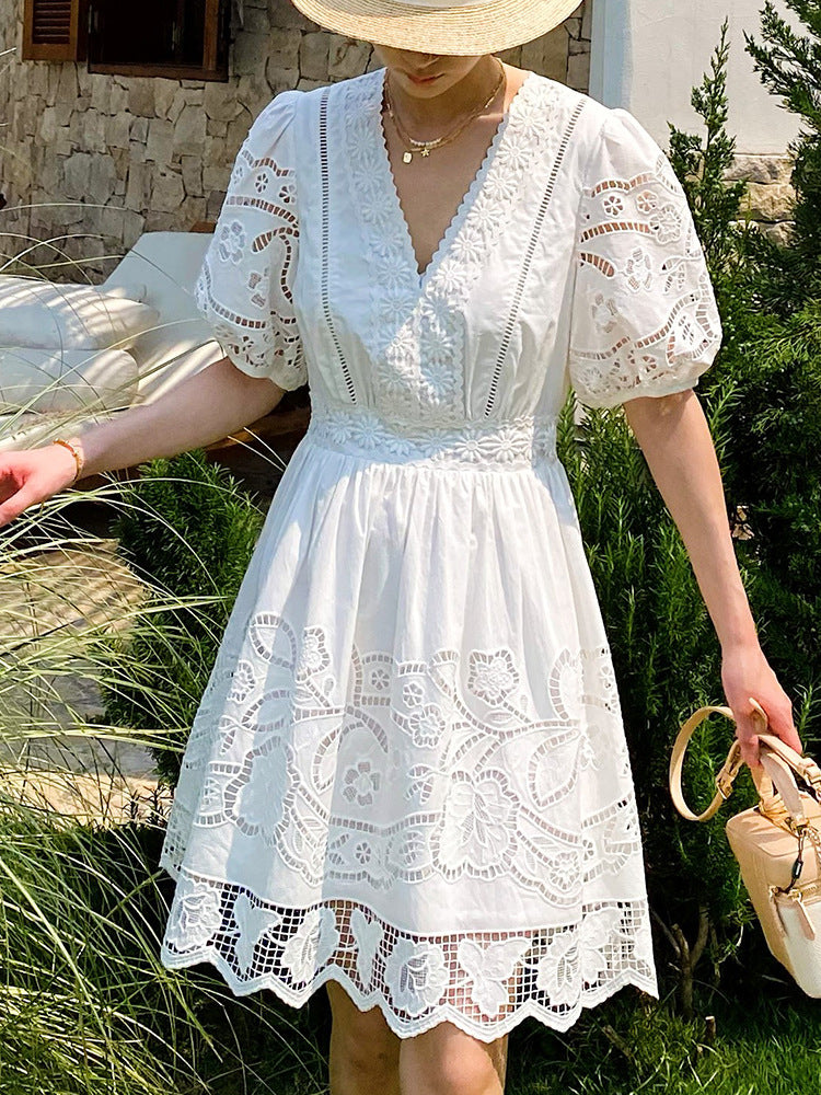 WHITE OPENWORK EMBROIDERED PETITE V-NECK SHORT DRESS
