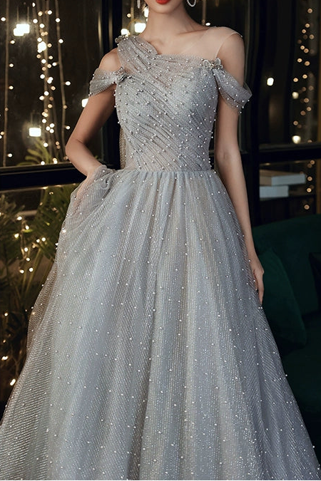 DUSTY BLUE ONE-SHOULDER PEARL MAXI EVENING GOWN