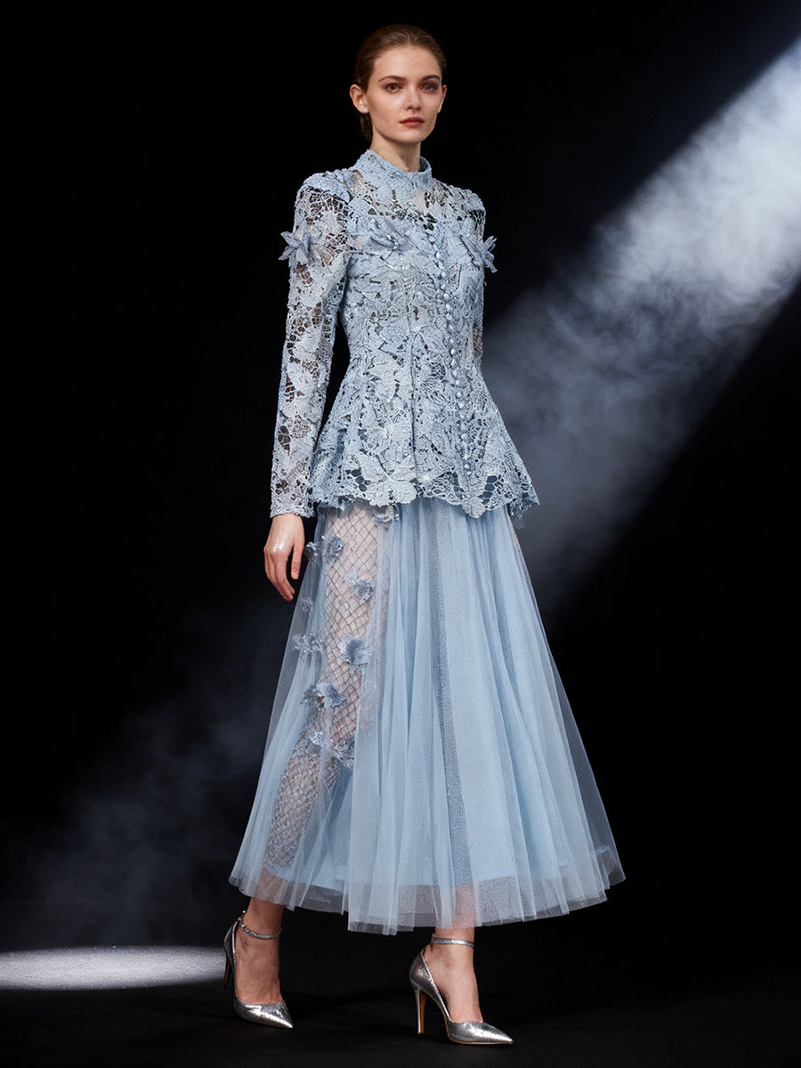 YVETTE BLUE LACE TWO-PIECE SET | LONG SLEEVE BUTTERFLY TOP & SKIRT