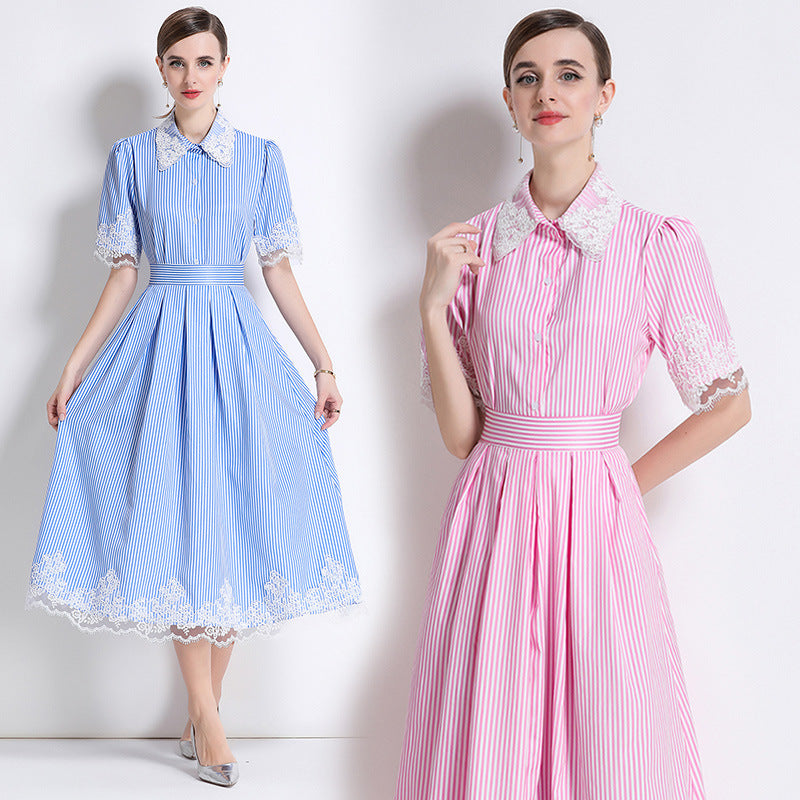 LACE STRIPED SHIRT SET SHORT SLEEVE CASUAL