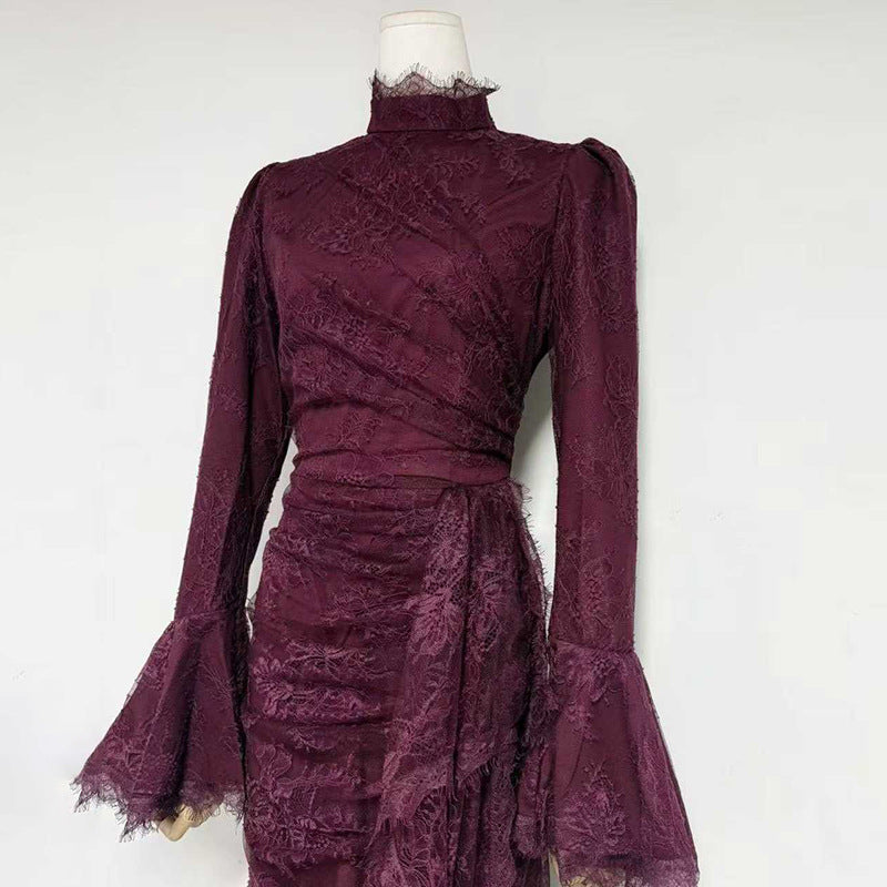 VICTORIA BURGUNDY LONG LANTERN SLEEVE LACE-TRIM MAXI DRESS