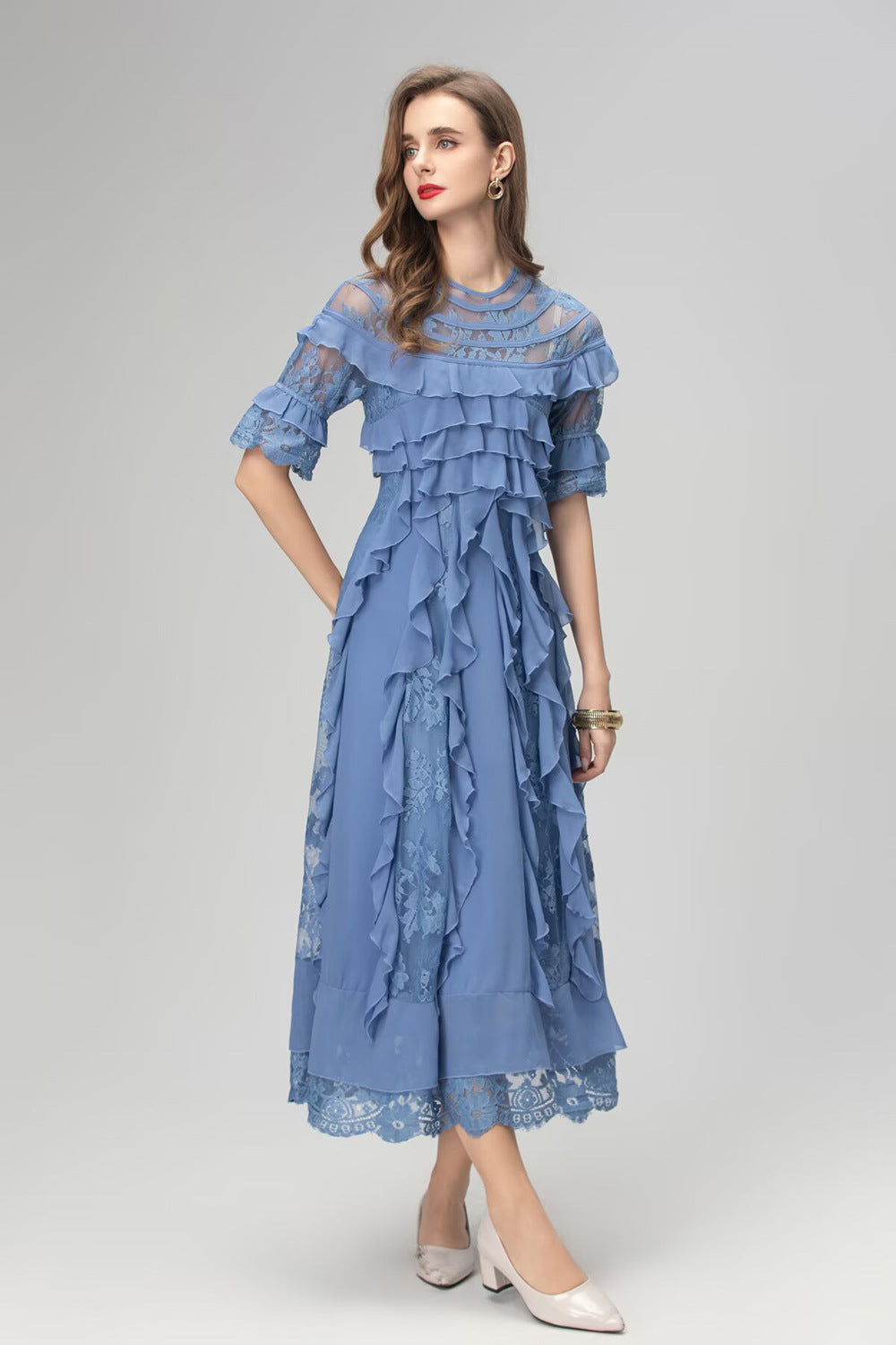 LORRAINE LACE MIDI DRESS WITH RUFFLE TRIM IN BLUE
