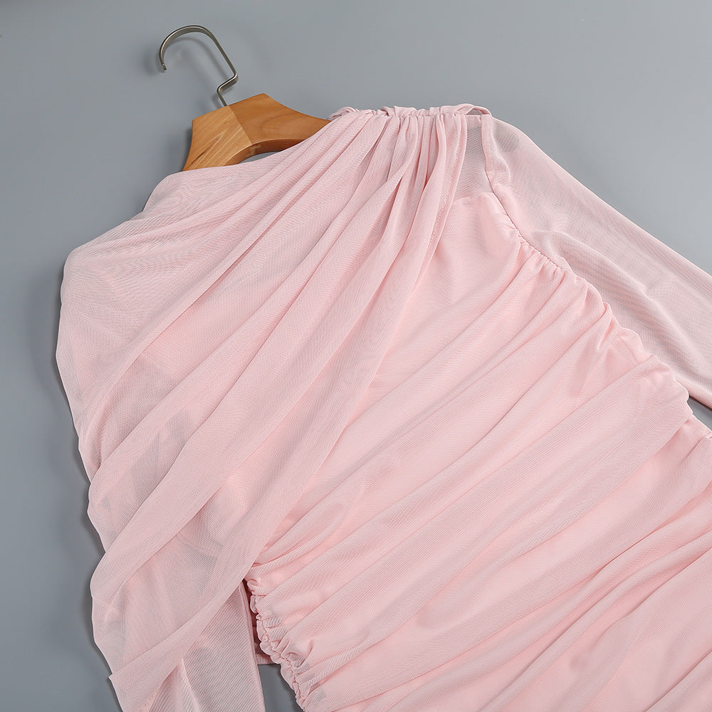 HIGH-NECK PLEATED MESH MAXI DRESS, PINK