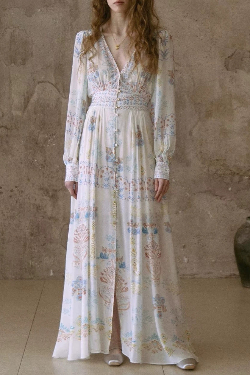 LESLEY PRINTED V-NECK LANTERN SLEEVE SLIT MAXI DRESS - BLUE