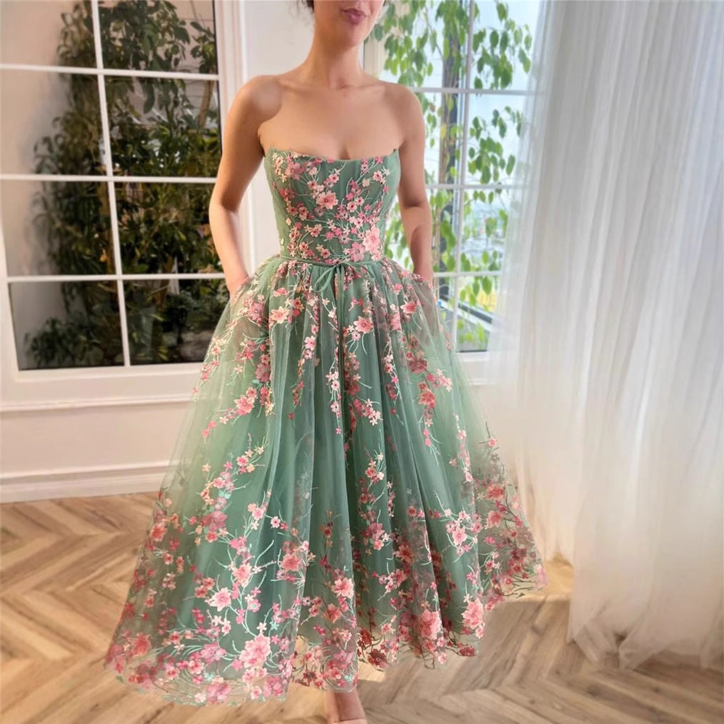 STRAPLESS FLORAL TULLE MIDI BALLERINA BIRTHDAY DRESS