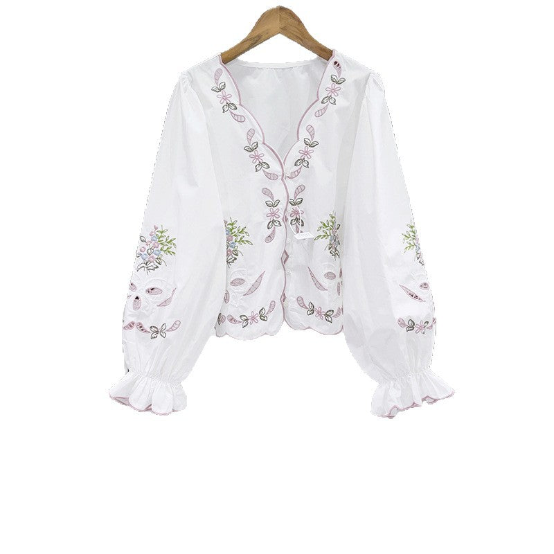 OPENWORK EMBROIDERED V-NECK FLARED SLEEVE TOP