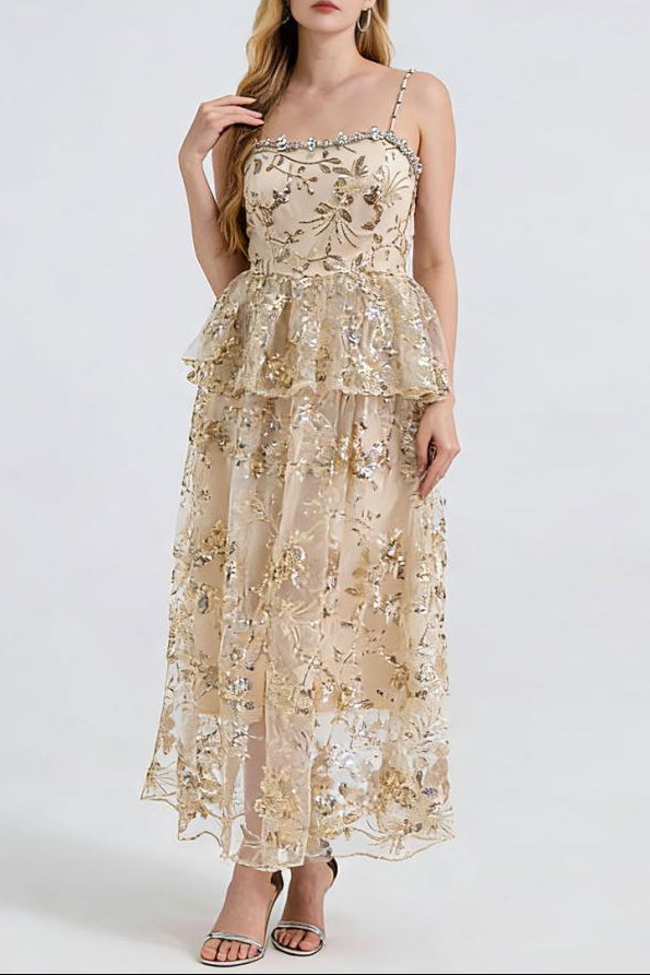 ASHLEY GOLD SEQUIN EMBROIDERED LAYER MAXI DRESS