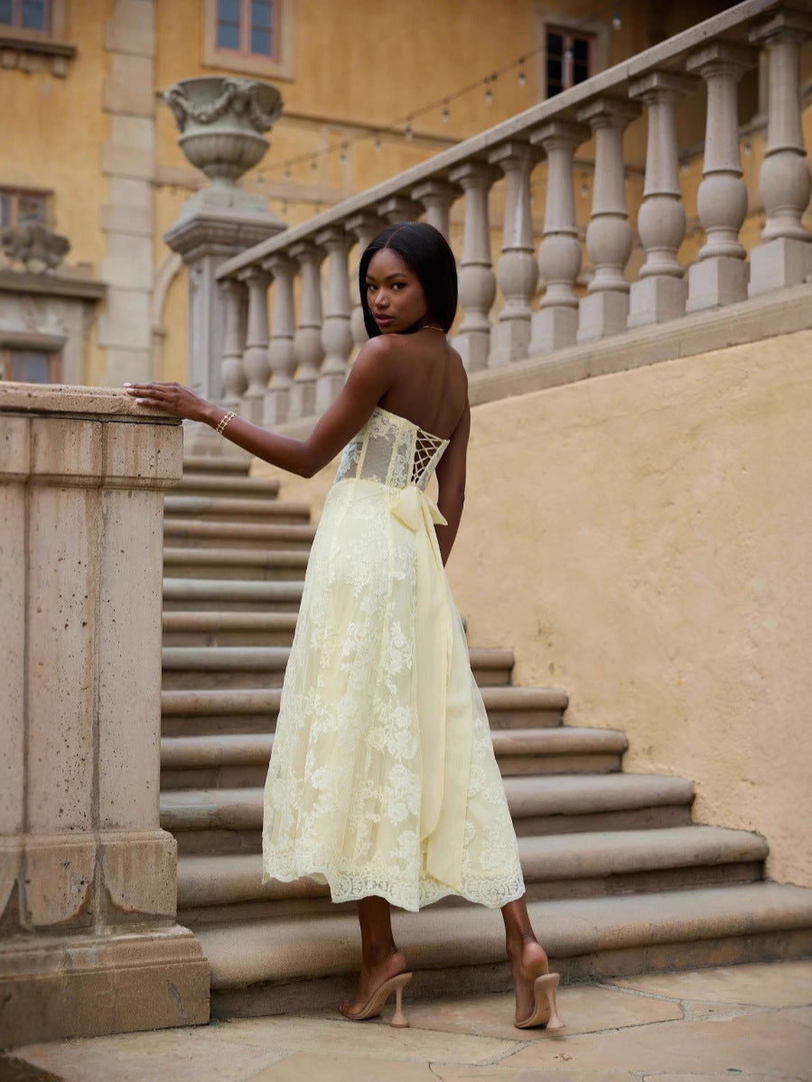 AMANDA YELLOW SEXY BACKLESS WRAP DRESS FOR PARTY