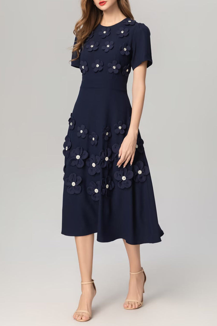 NAVY 3D FLOWER APPLIQUÉ MIDI DRESS FOR EVENTS