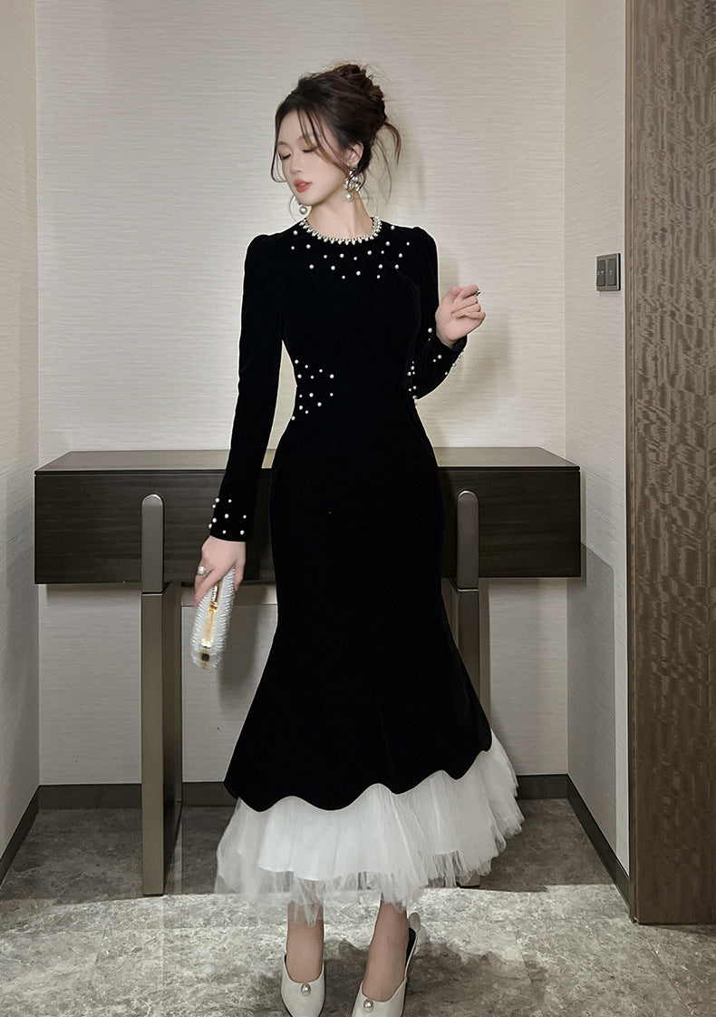 ZONA BLACK BEADED VELVET FISHTAIL MAXI DRESS