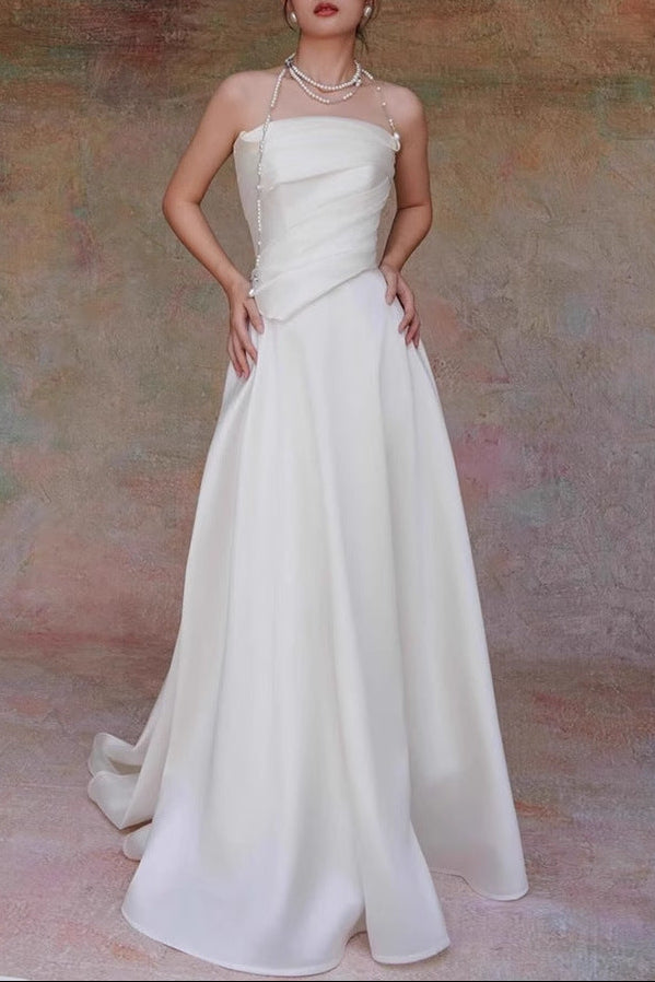 LYDIA WHITE SATIN STRAPLESS MAXI TRAIN WELCOME GOWN