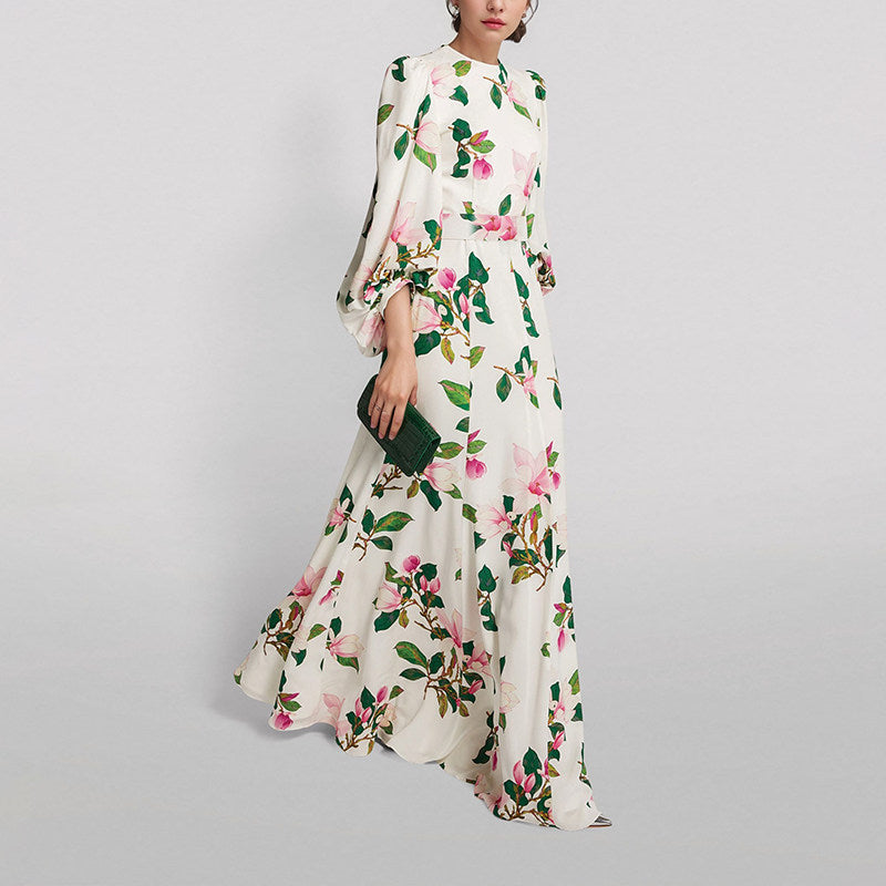 WHITE FLORAL SATIN MAXI DRESS WITH BALLOON SLEEVES