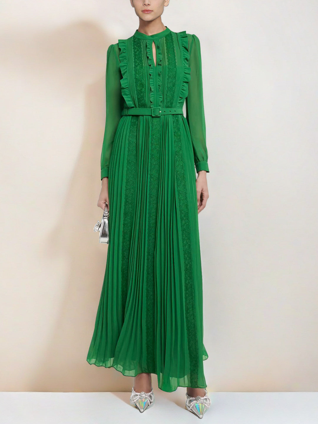 O1CN01YXpFLC1SvZcNO5v4e_crop_169_0_1080_1440___277952309 GREEN LACE SPLICE PLEATED MIDI DRESS FOR WEDDING