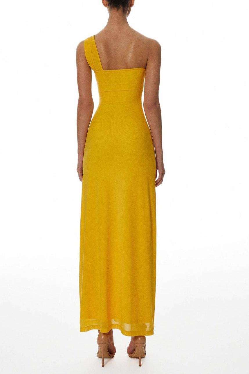 ONE-SHOULDER YELLOW FLOWER A-LINE MAXI DRESS