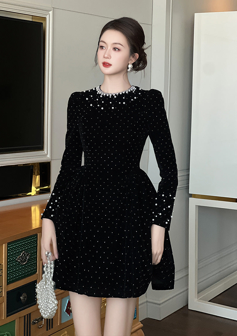 SHEILA BLACK BEADED RHINESTONE FLARED MINI COCKTAIL DRESS